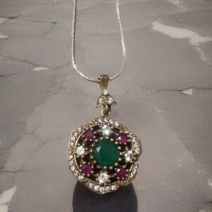 STERLING SILVER EMERALD & RUBY SLIDE NECKLACE